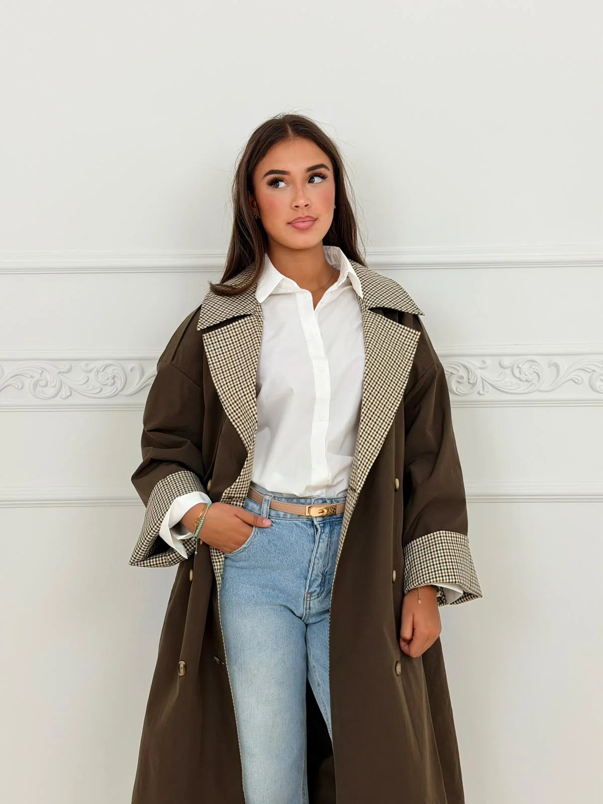 Luna | Long Trench Coat with Check Details