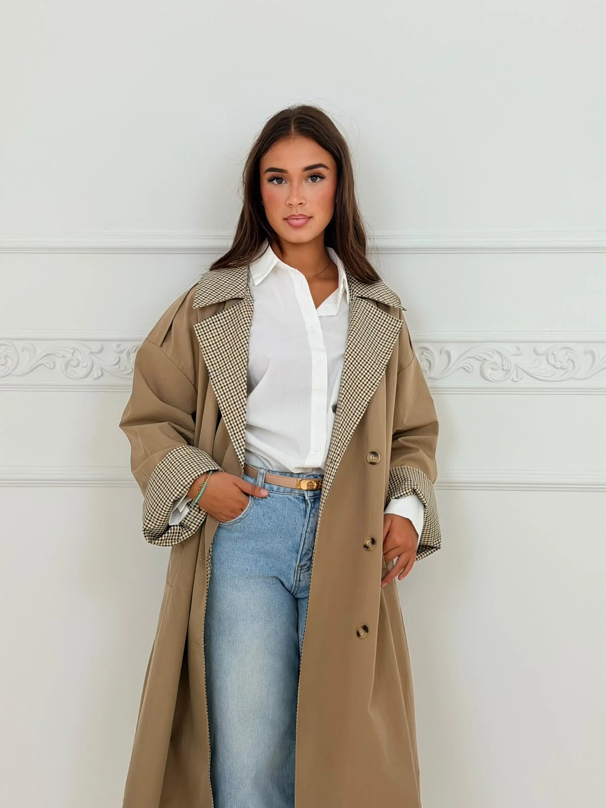 Luna | Long Trench Coat with Check Details