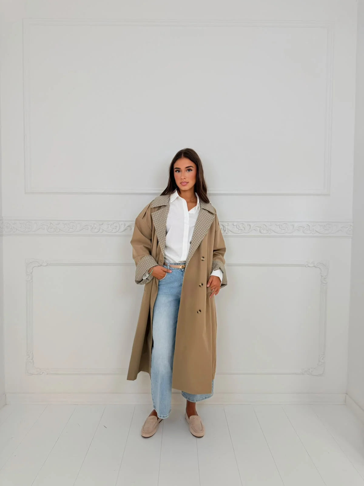 Luna | Long Trench Coat with Check Details