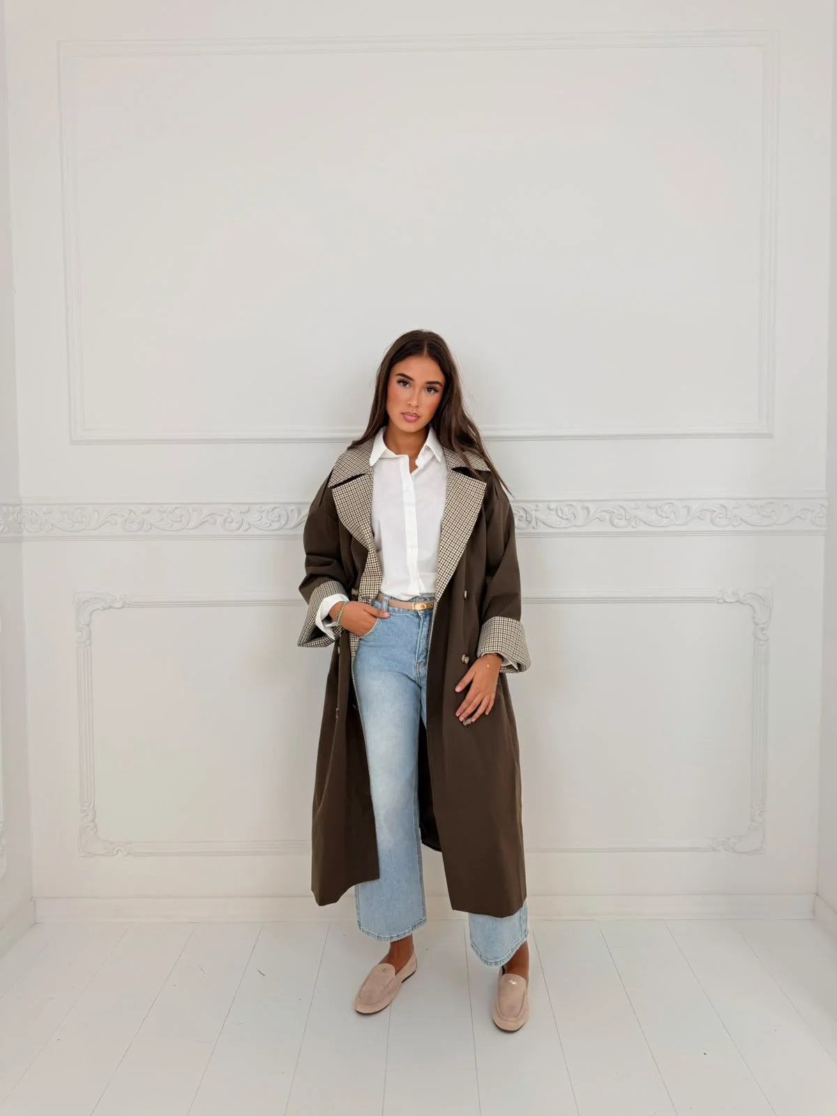 Luna | Long Trench Coat with Check Details