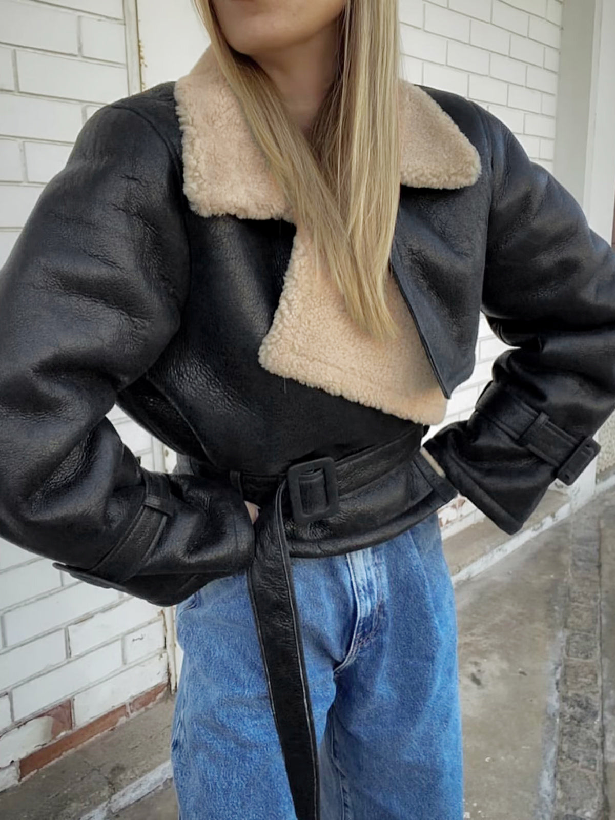 Lined Shearling Faux Leather Bomber Jacket