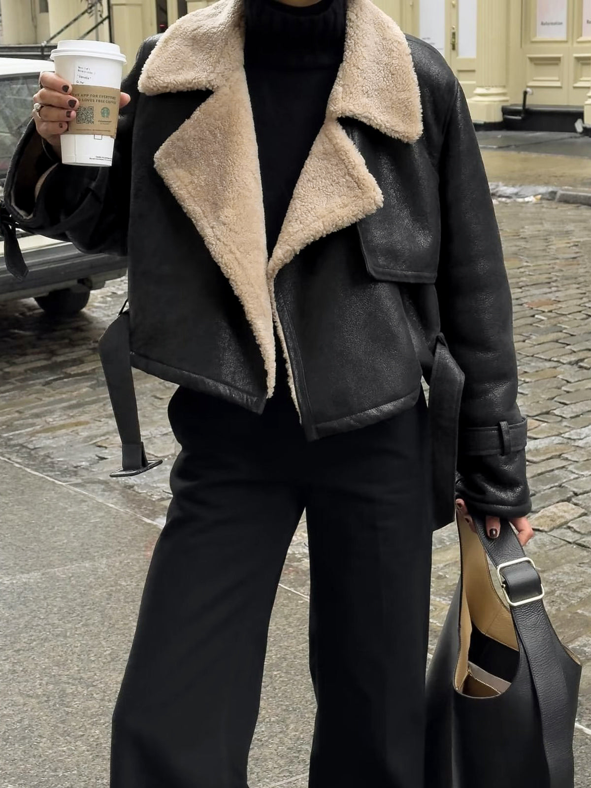 Lined Shearling Faux Leather Bomber Jacket