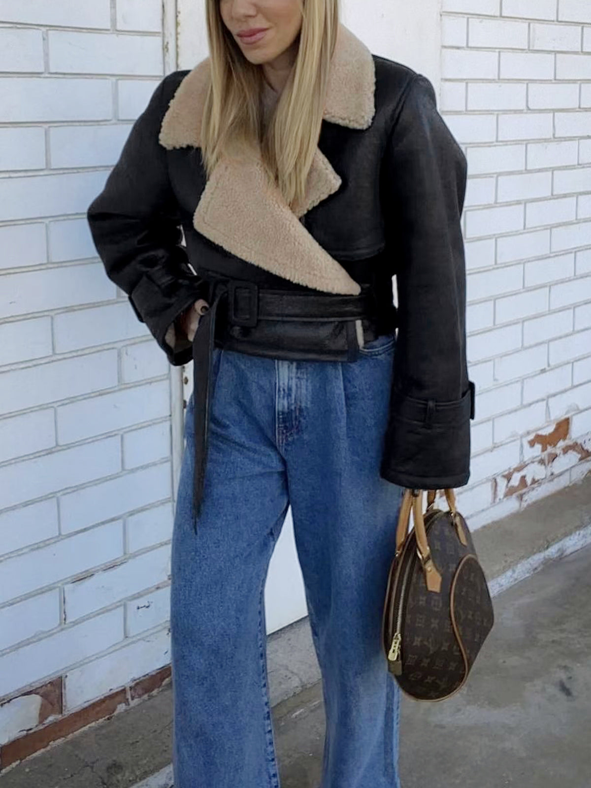 Lined Shearling Faux Leather Bomber Jacket