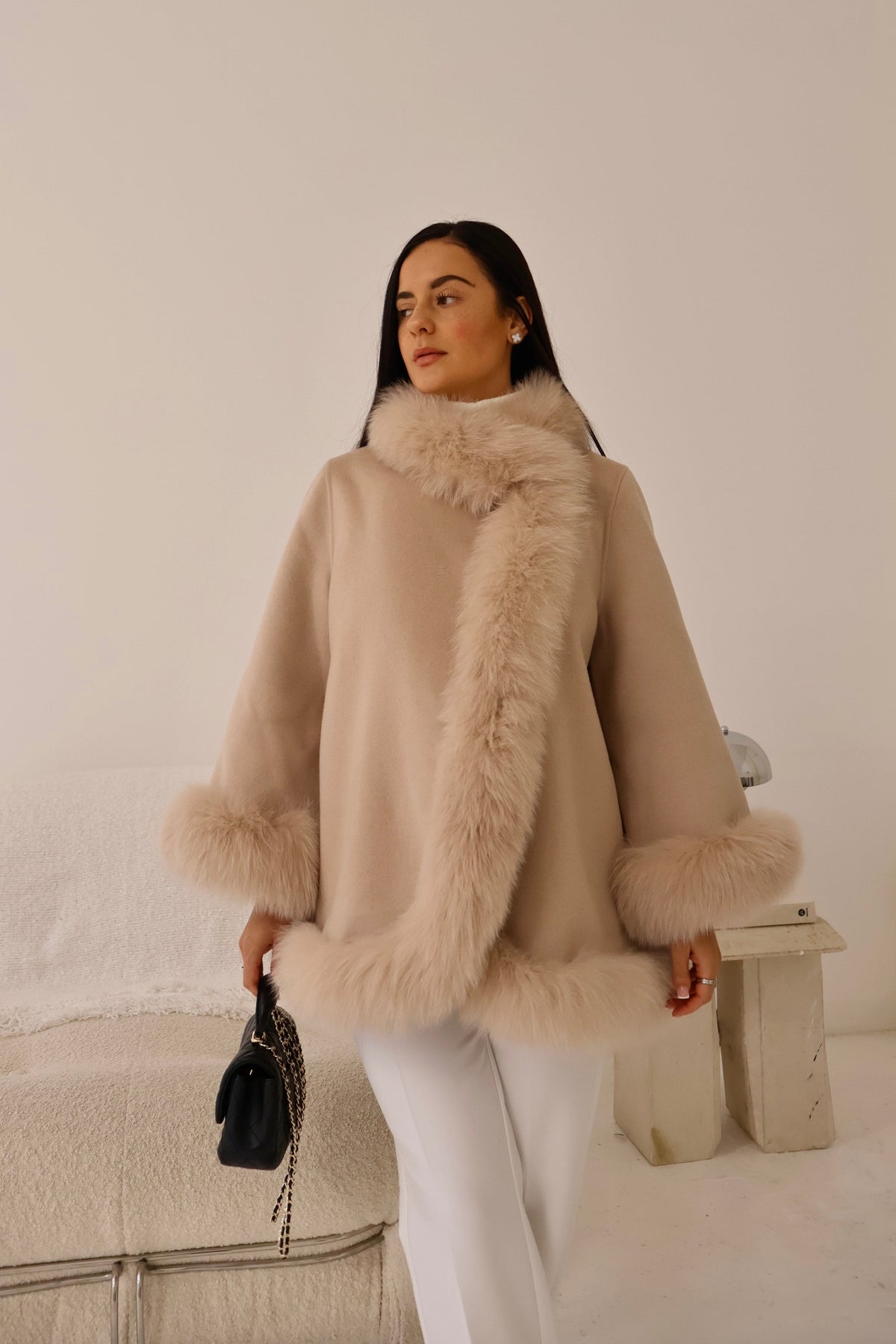 Celeste | Faux Fur Cape Coat with Fluffy Trim